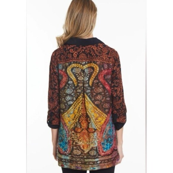 JOHN MARK BUTTON-UP TUNIC EMBROIDERED FLORAL-PAISLEY BLACK COPPER MULTI SIZE M - Picture 2 of 11